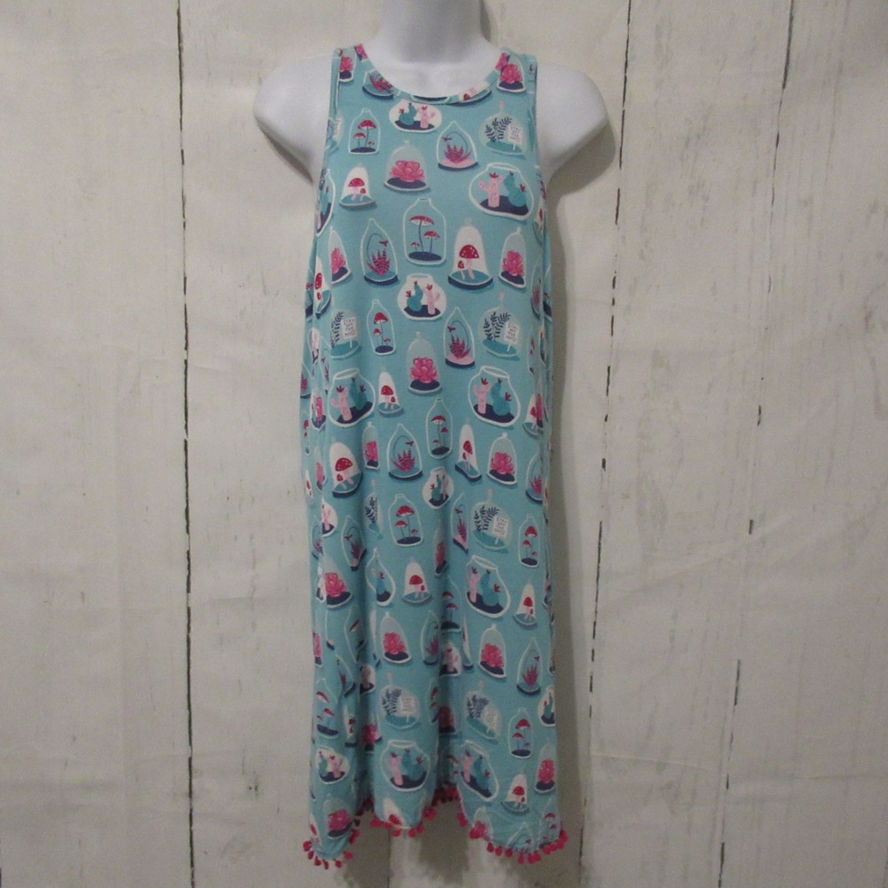 Munki Munki Nightgown S Blue Mushroom Cactus Garden Nightie Sleep Dress